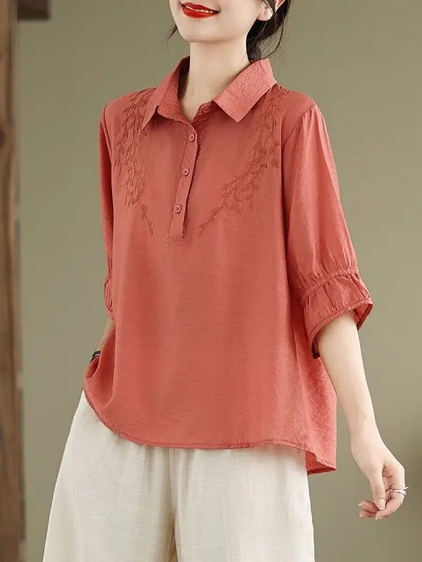 

Casual Style Embroidered Loose Cotton Linen Shirt Women's Fashionable Summer 2026 mid Sleeve Turn-down Collar Versatile Shirt