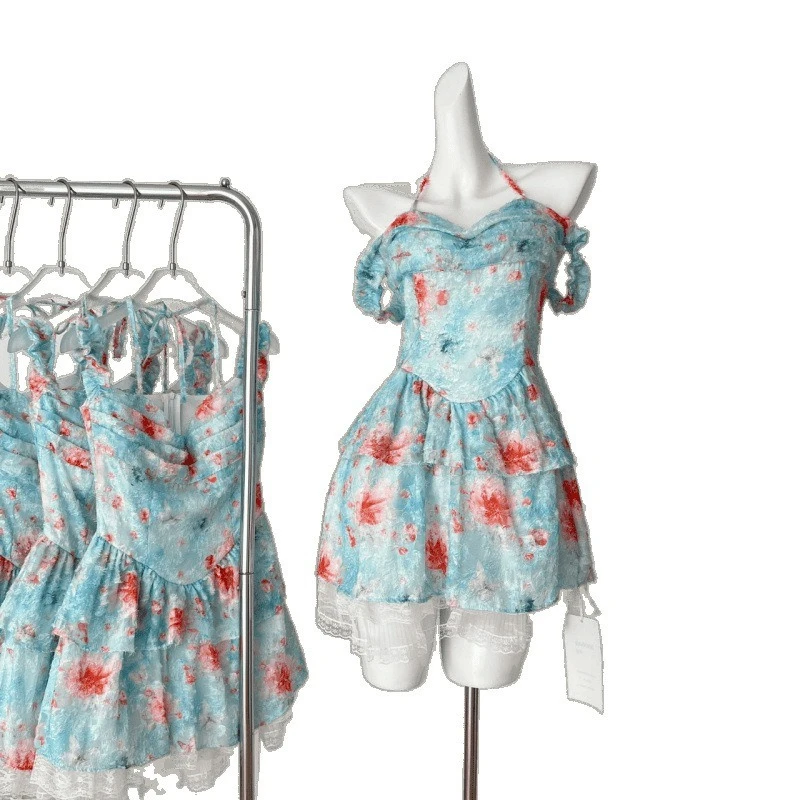 2025 Nuovo dolce pizzo loto floreale mini abito con spalle scoperte Romantico Fairycore sexy chic a-line ricamo trasparente abito vintage carino