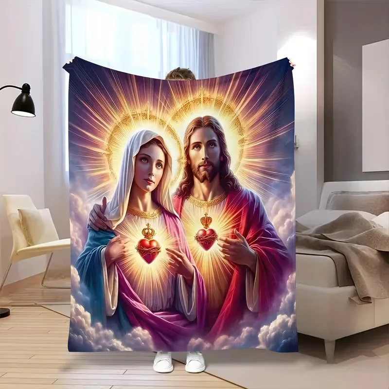 Luxurious Flannel Blanket Featuring Jesus Virgin Mary Ideal for Home Decor Office Camping  Cozy All-Season Gift Machine Washable