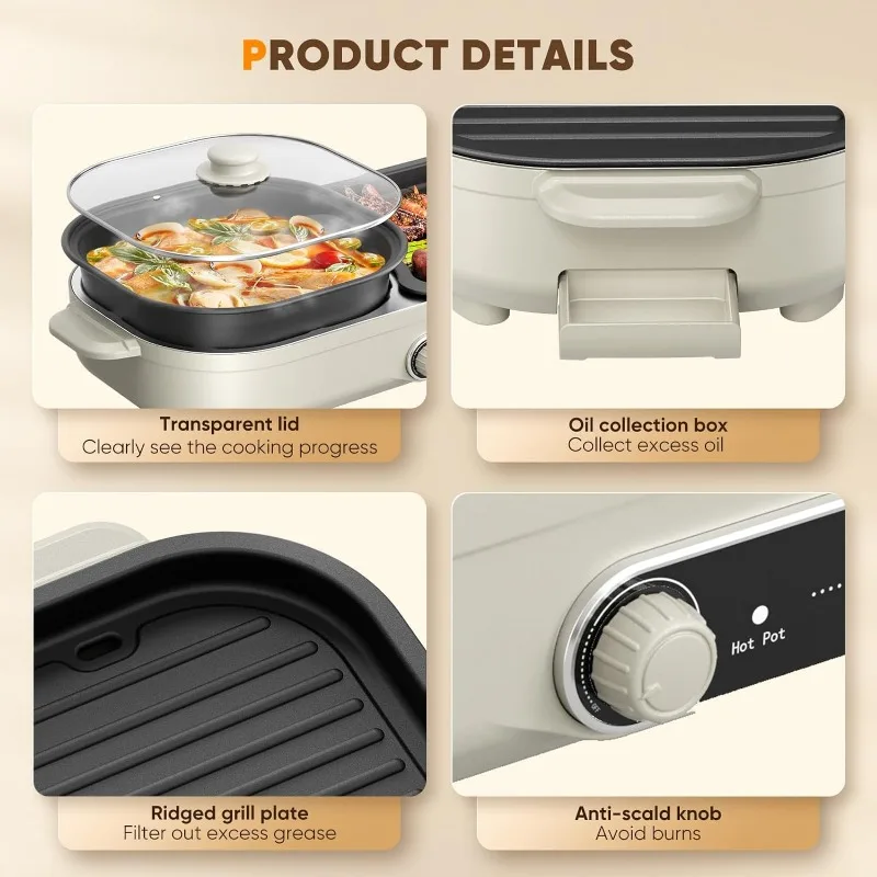 SEAAN Hot Pot Electric with Grill - Korean BBQ Grill Indoor and Shabu Shabu Pot, Removable Hotpot Pot & KBBQ Grill,- Non-Stick