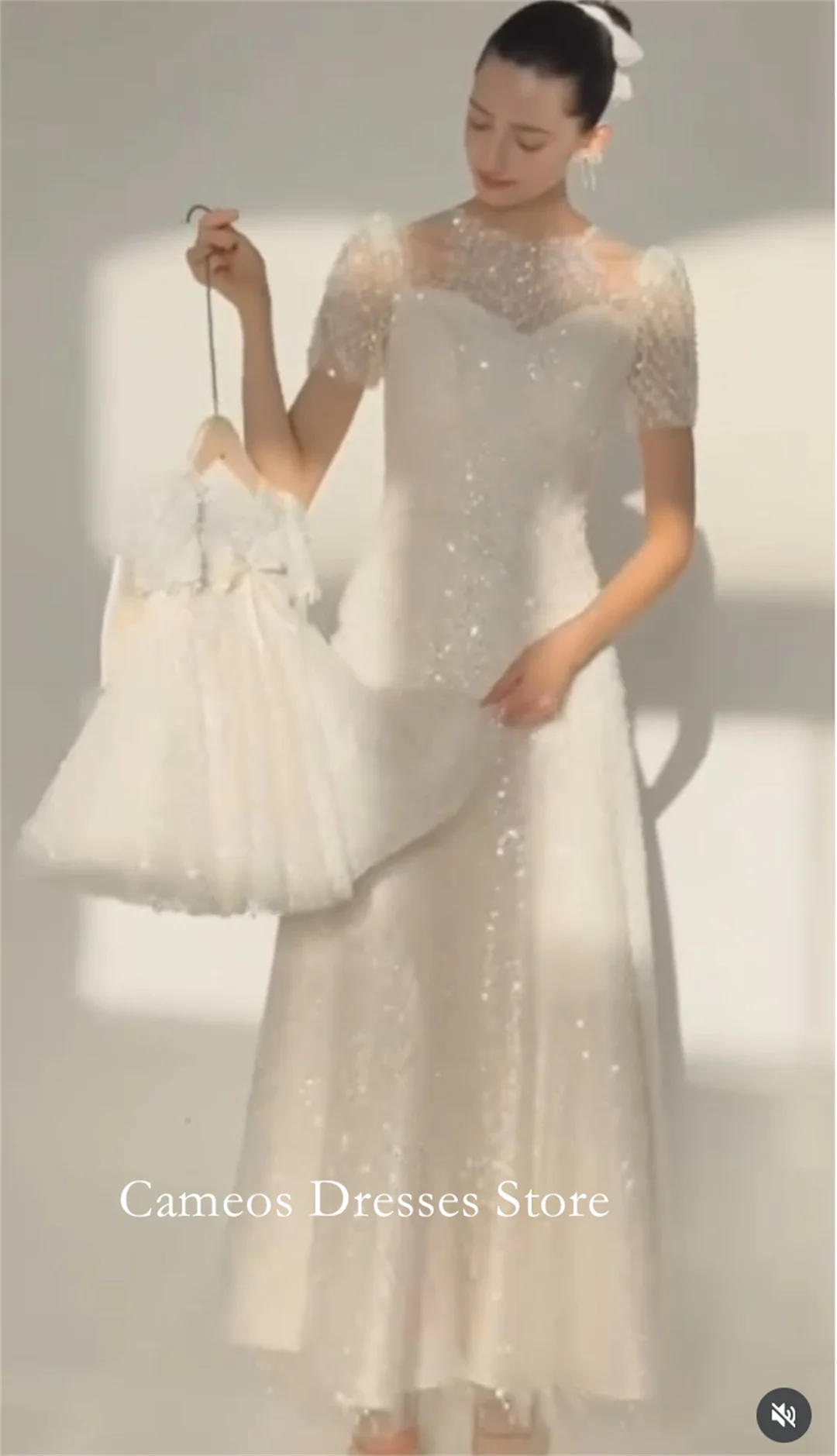 

SONDR Customized O-Neck Ivory Short Sleeves Wedding Dresses Simple A-Line Sequined Korea Brides Gowns Women Bridal Dresses