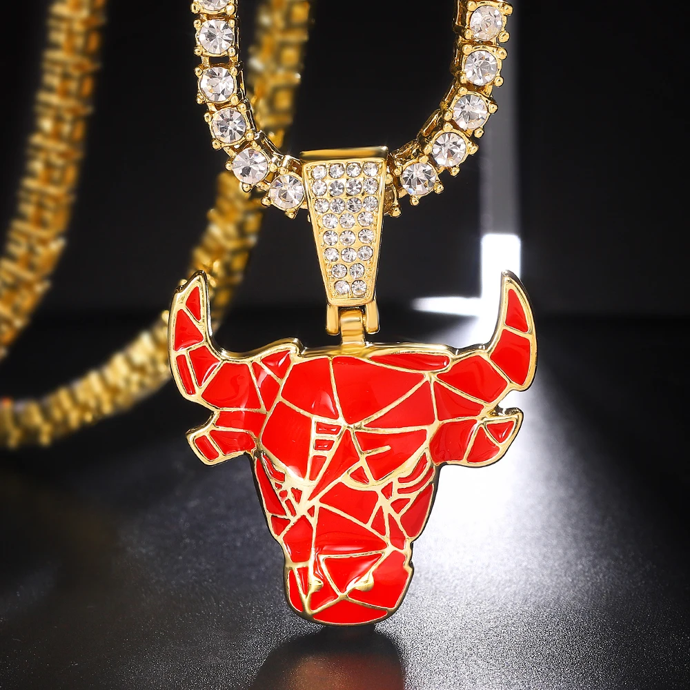 Iced Out Red Bull Pendant Necklace Match 4mm Bling Tennis Chain Animal Face Charm Stylish Jewelry for Men and Women Hip Hop