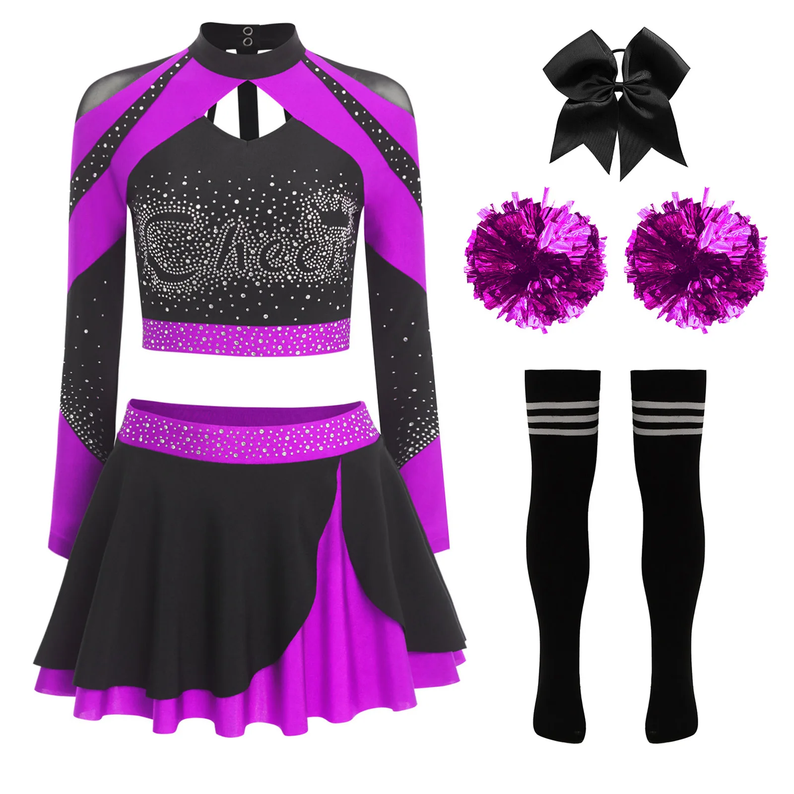 Teen Girls Women Rhinestone Cheerleader Costume Outfits Musical Halloween Party School Sport Meeting Cheerleading Uniform Suit