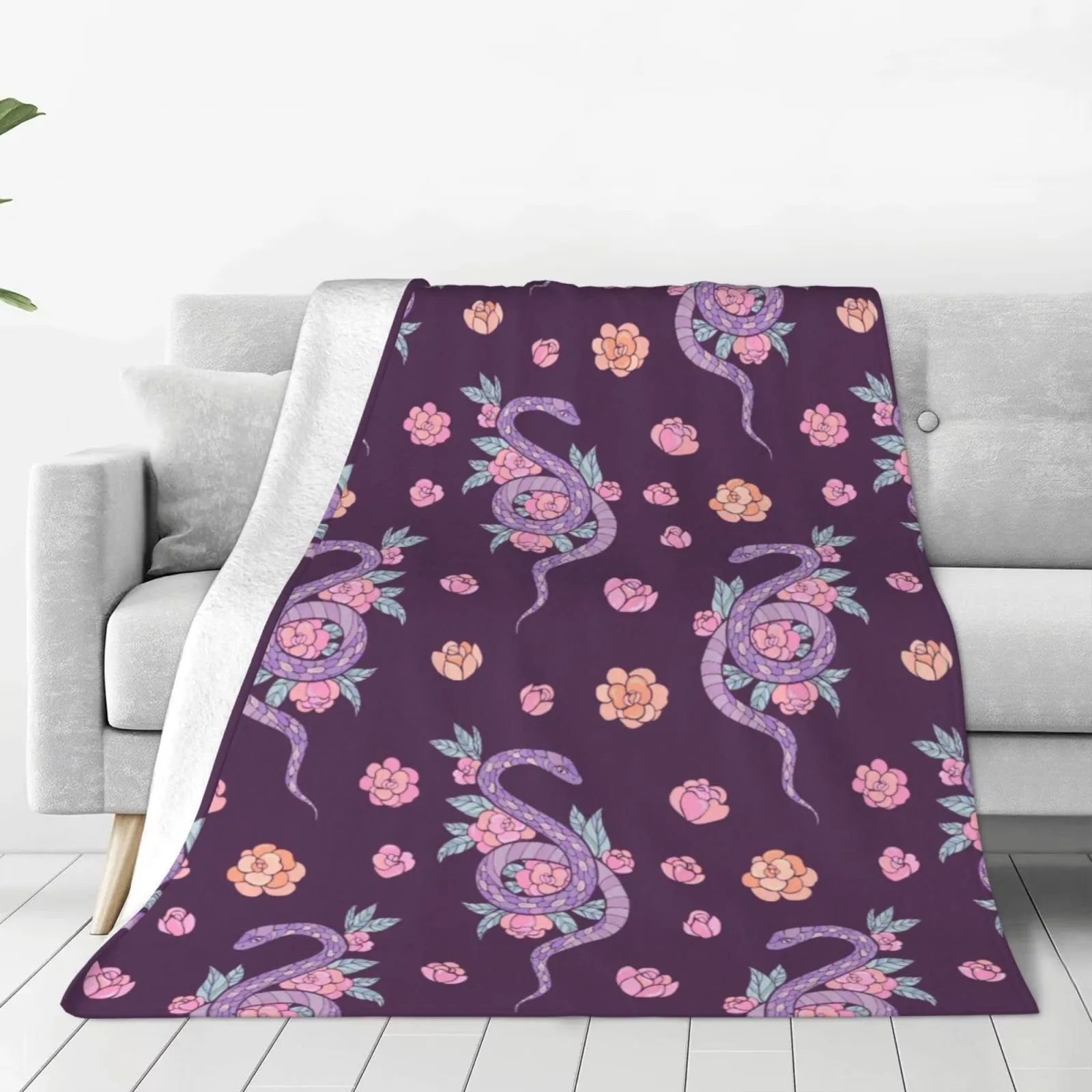Snake And Flower Print Fleece Throw Blanket Fluffy Sherpa Plush for Sofa Couch
