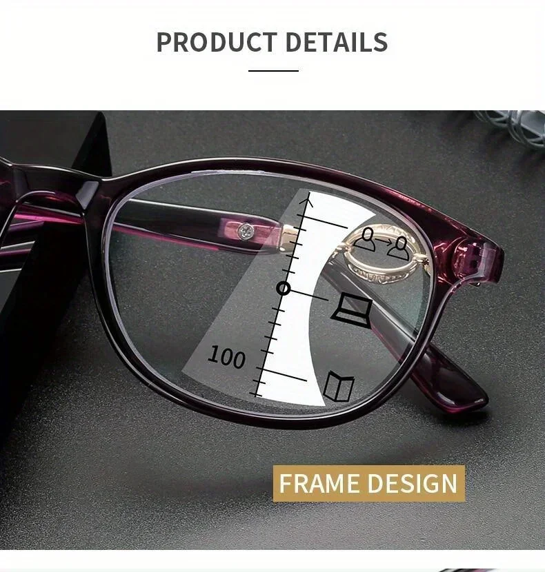 3-in-1-Multifokal-Lesebrille für Damen +1,0 bis +4,0, progressive, leicht zu aussehen, weit und nah erhältlich, 3-Farben-Brille – Detail 4