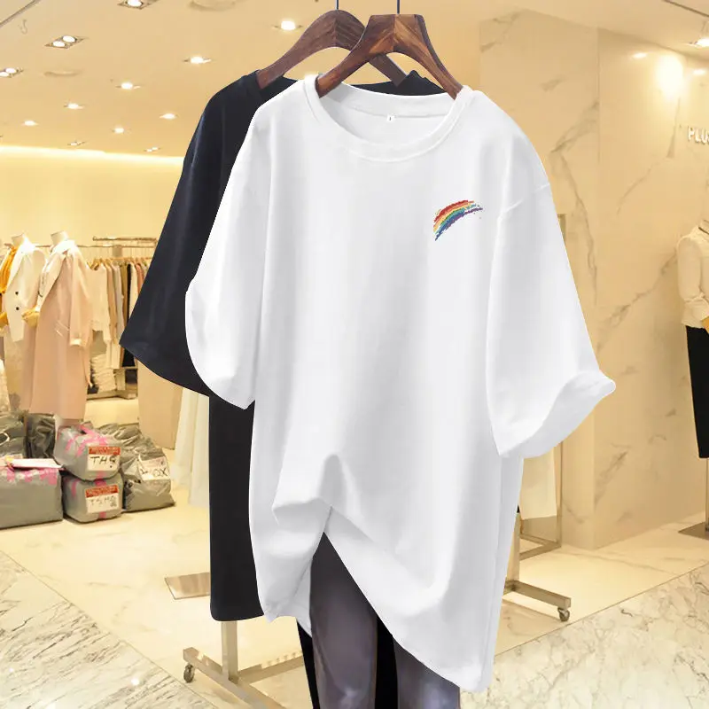 

Women's Fashion Rainbow T-shirt 2024 New Loose O-neck Pure Cotton Short Sleeve Basics Top Tees Lady Pullover