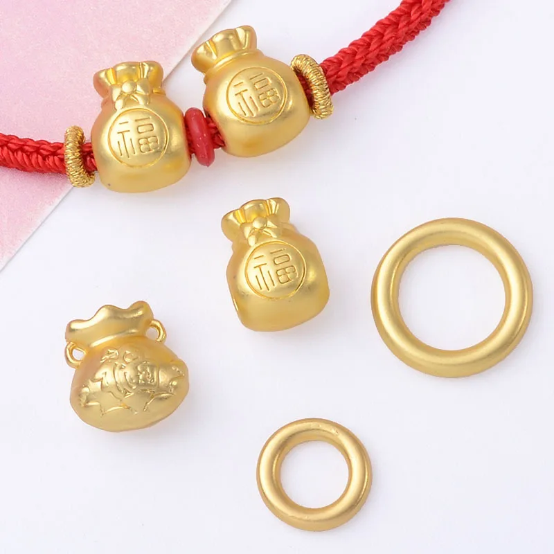 

100Pc set ancient sub-gold double-ring money bag pendant alloy, red rope beaded lucky bag plain ring bracelet DIY material