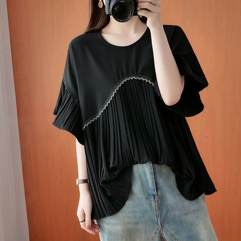 Summer New Fashion Oversize Solid Color Chiffon T-Shirts Women Round Neck Loose Short Sleeve Pullovers Pleated Personality Tops