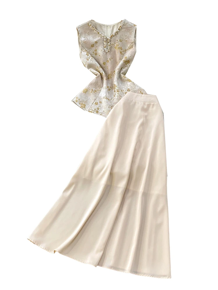 Elegant Chinese Retro Unique Beautiful Flowing Diamond V-neck Sleeveless Embroidered Satin Long Skirt Set for Women