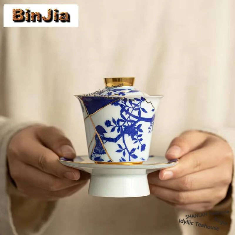 100ml Handmade Gilded Porcelain Gaiwan Aesthetic Blue And White Flower Bird Tea Tureen Tea Brewing Cover Bowl Teaset Ornaments