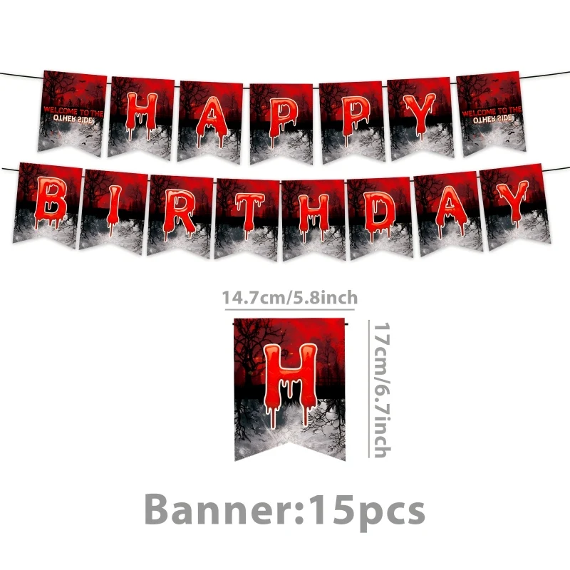 Stranger-Themen-Geburtstagsdekoration Horrorfilm-Geschirr Tasse Teller Tischdecke Luftballons Banner Geschenktüte Snackbox Partyzubehör – Detail 17