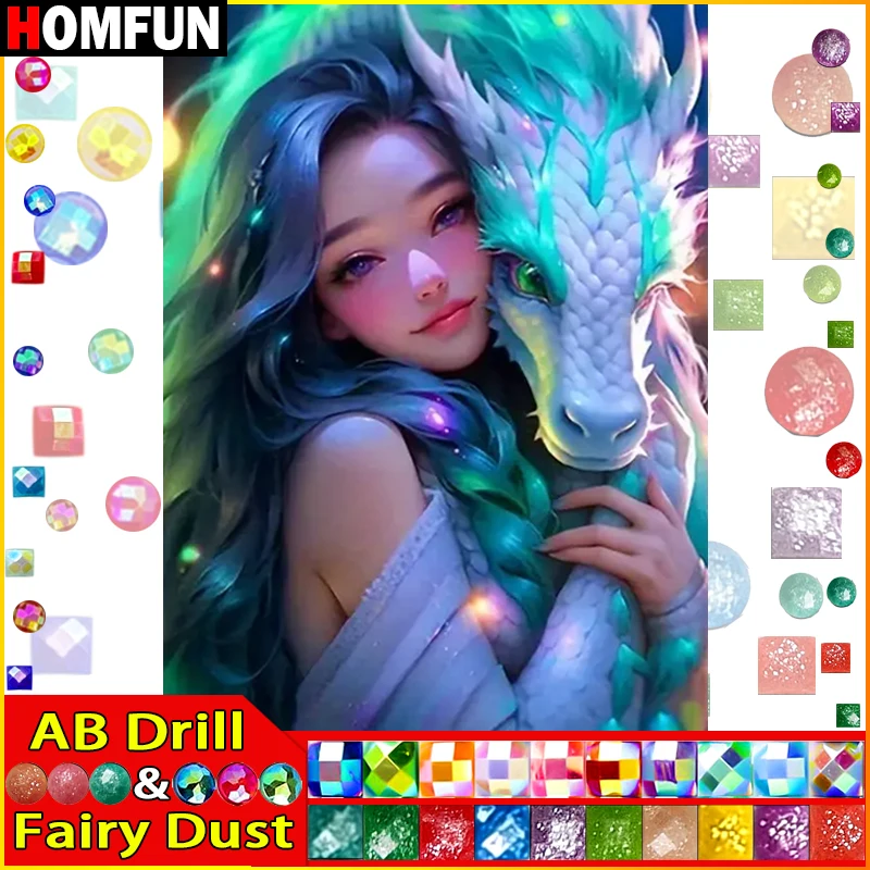 

HOMFUN Fairy Dust AB Diamond Painting Full Square/Round Drill 5D DIY "Portrait Girl Dragon" Daimond Embroidery Rhinestone Decor