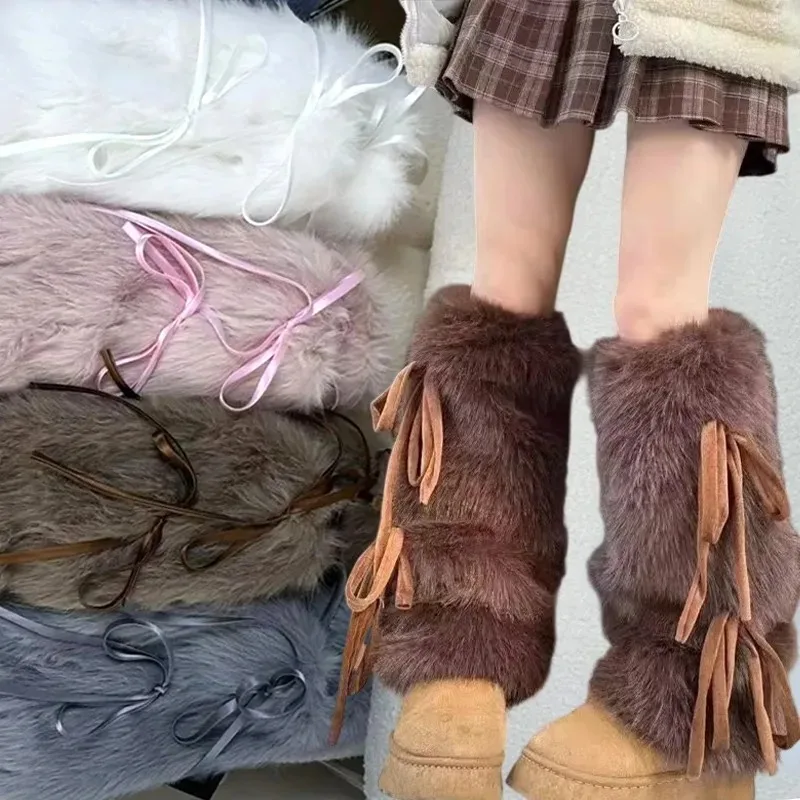 

New Punk Black Bow Tie Faux Fur Leg Warmers Winter Warm Thickened Plush Leggings Socks Cold Protective Y2k Boot Cover Sockings