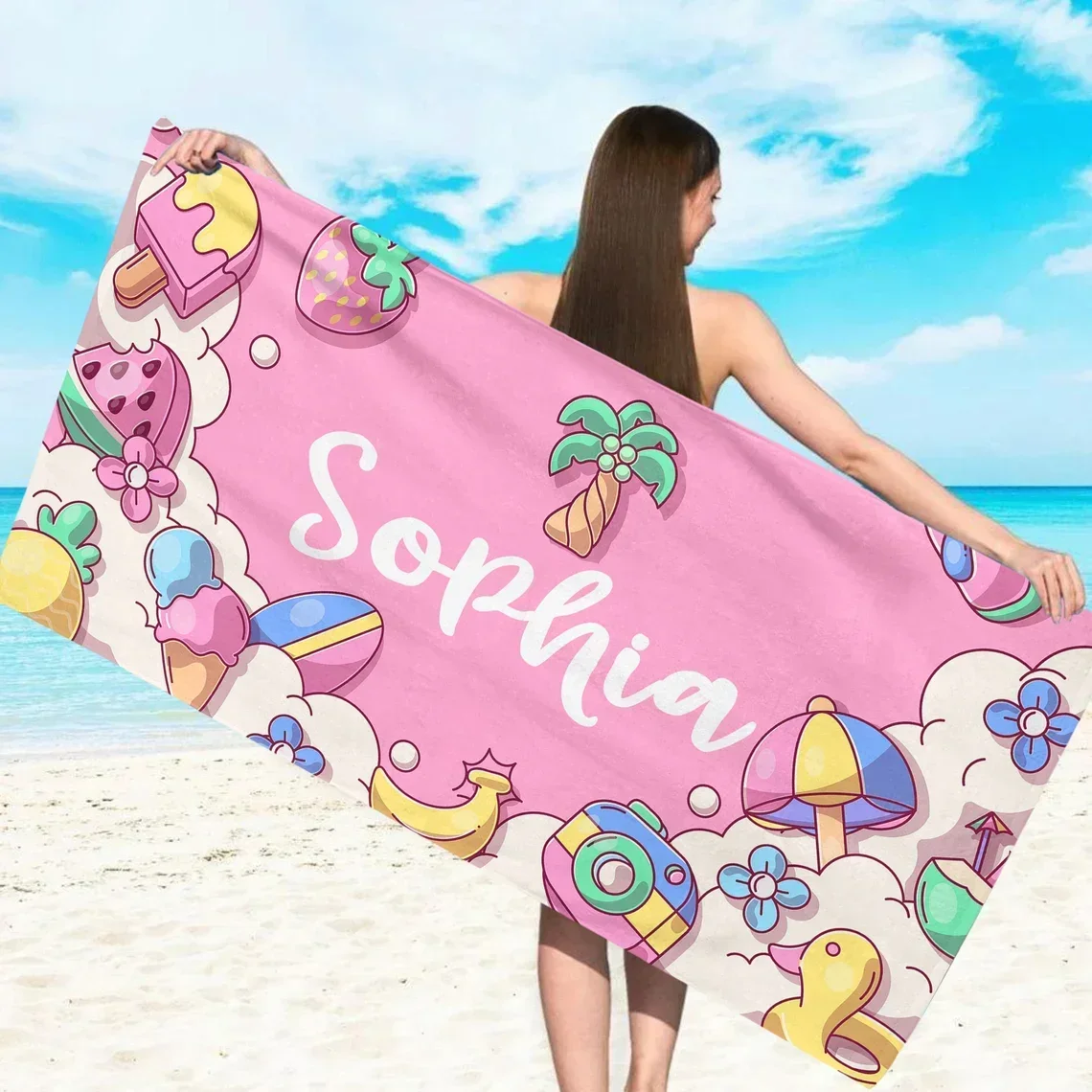 Personalized Name Beach Towel Swimming Cute Custom Towel For Swimmer Outdoor Pool Towel Summer Birthday Gift Girls Beach Trip