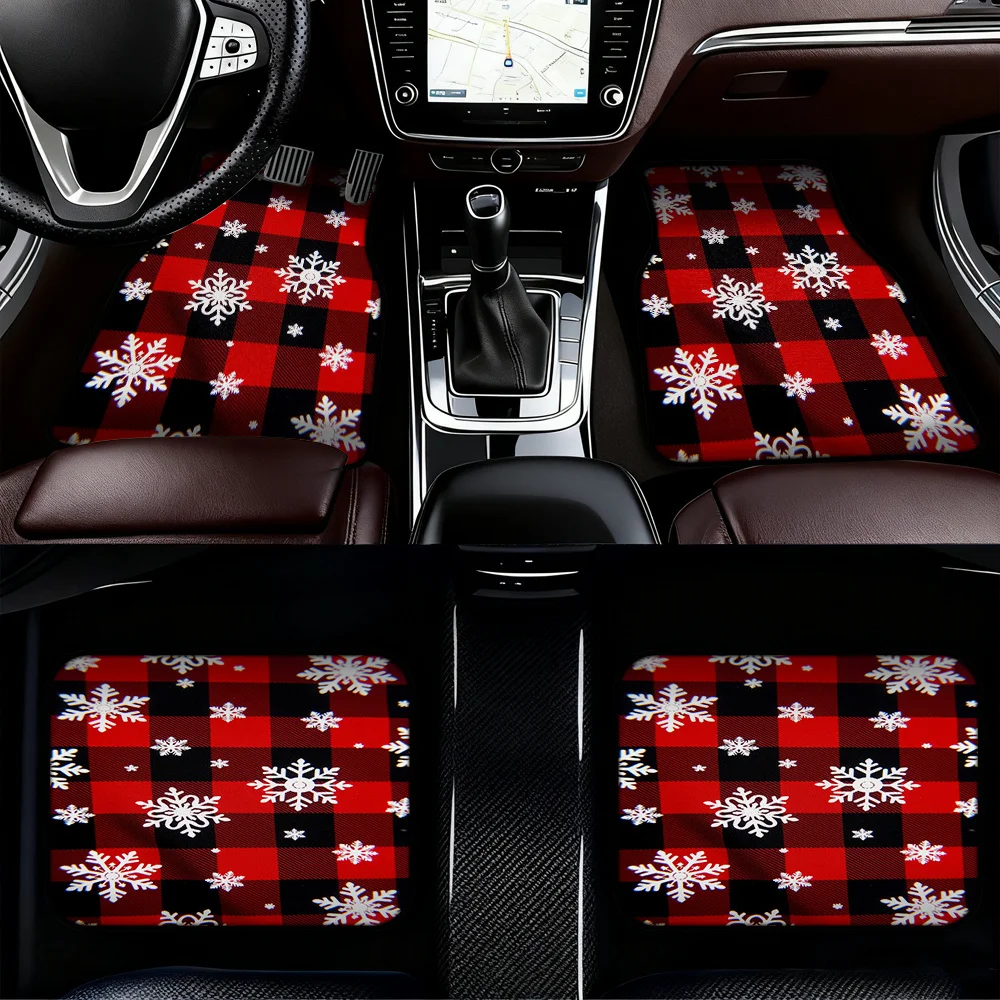 4pcs Vehicle Floor Mats With Plaid Snowflake Art Pattern - Durable Polyester, Cleaning-Friendly, Gift Idea For Pickup Trucks & C