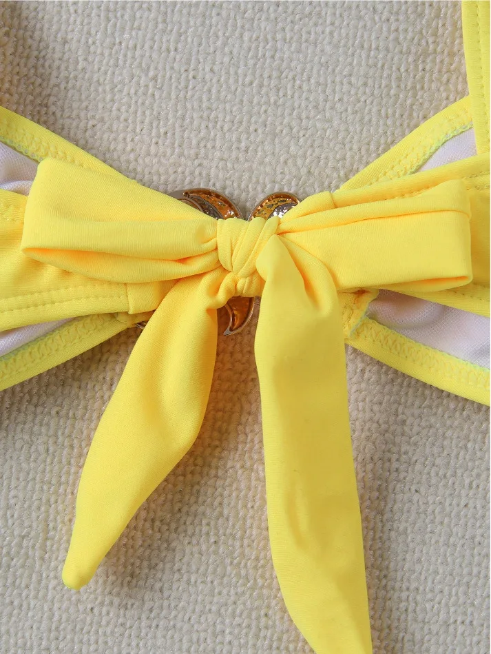 섹시한 불가사리 노란색 플레인 비키니 세트 투피스 끈 묶는 수영복 비키니 세트 탱키니 트리키니