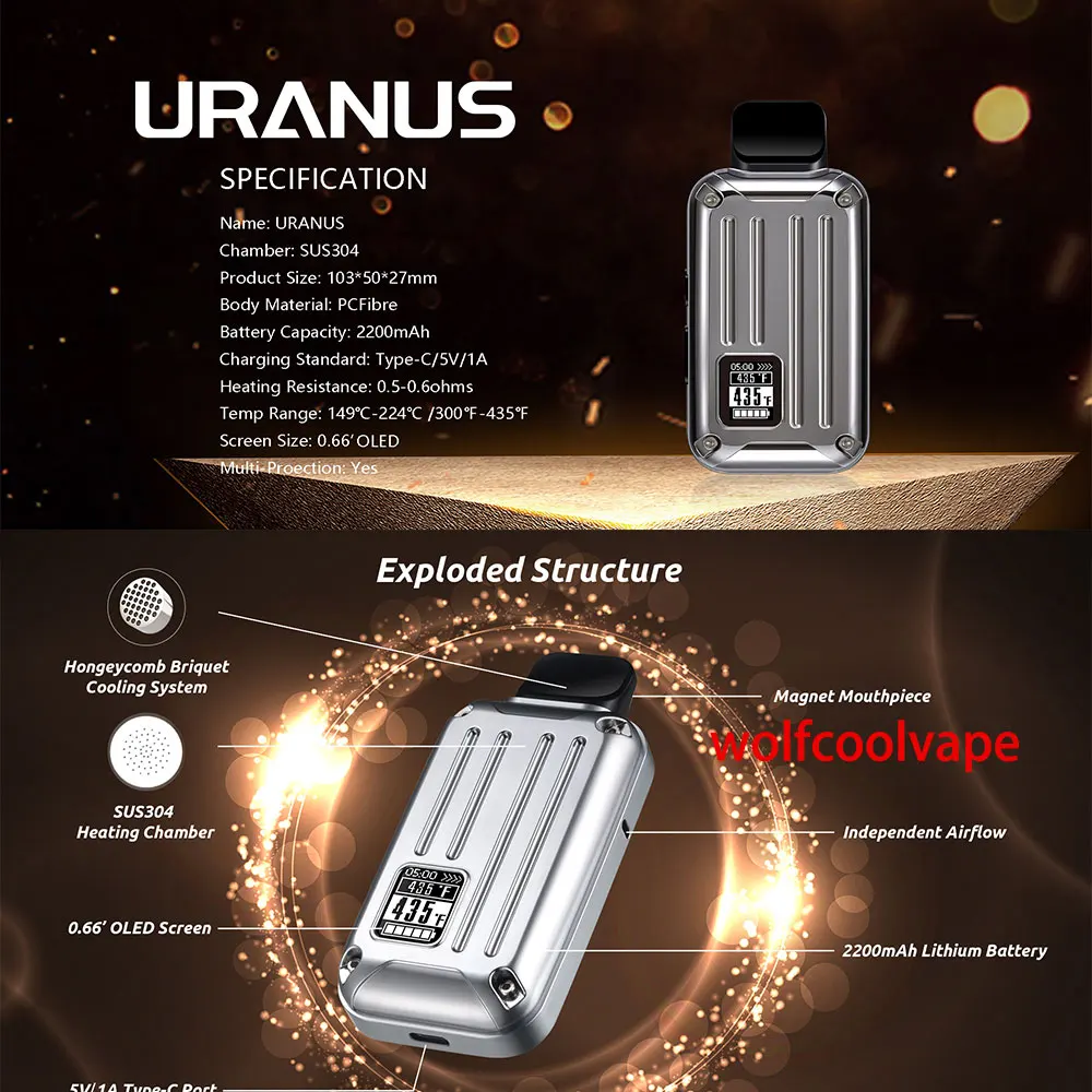 Wolfcoolvape Портативный испаритель для сухих трав ANIX Uranus, травяная электронная сигарета в виде ручки, наборы электронных сигарет с OLED-дисплеем, аккумулятор 2200 мАч