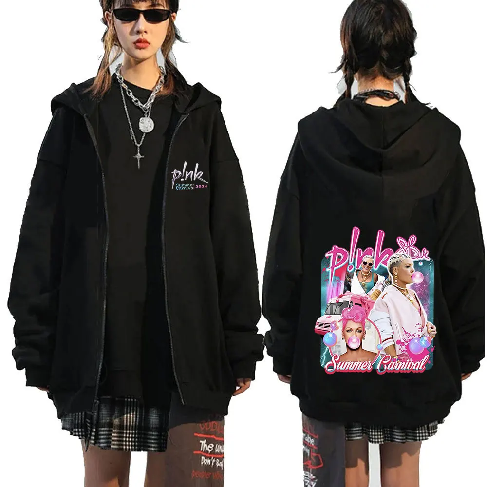 P!nk Pink Singer Summer Carnival 2024 Tour Zipper Hoodies Harajuku Hoodie Men Women Clothing Zip Up Oversized Hooded Sweatshirts