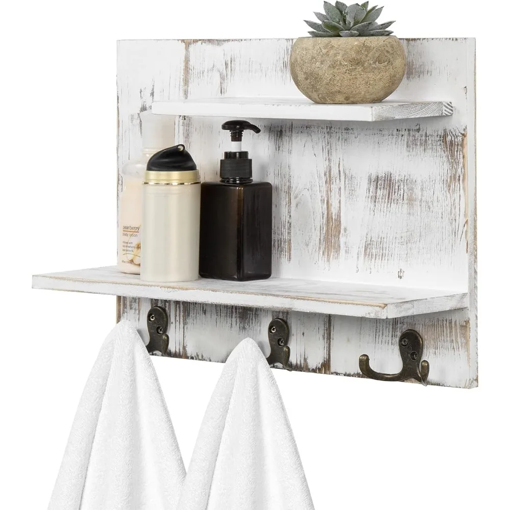 

2 Tier Wall Mounted Shabby White Washed Solid Wood Bathroom Storage Shelves, Decorative Entryway Floating Shelf Rack with 6 Hoo