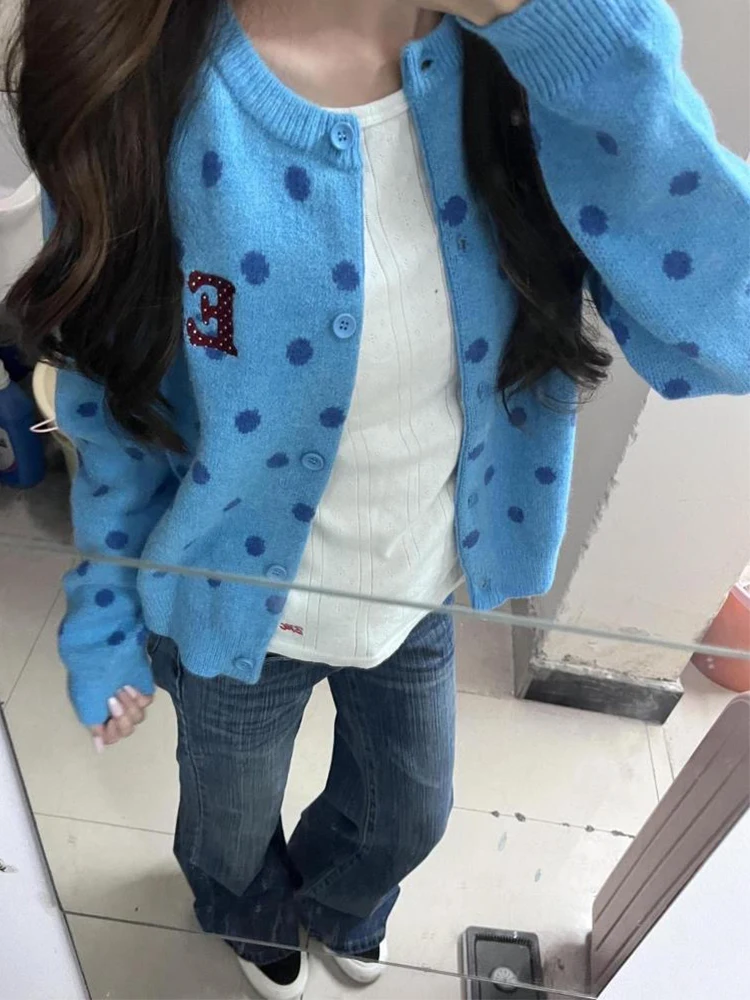 Cárdigan de lunares azules para mujer, suéter coreano bonito y dulce, Tops de punto, abrigo, prendas de punto de nueva moda de otoño 2025