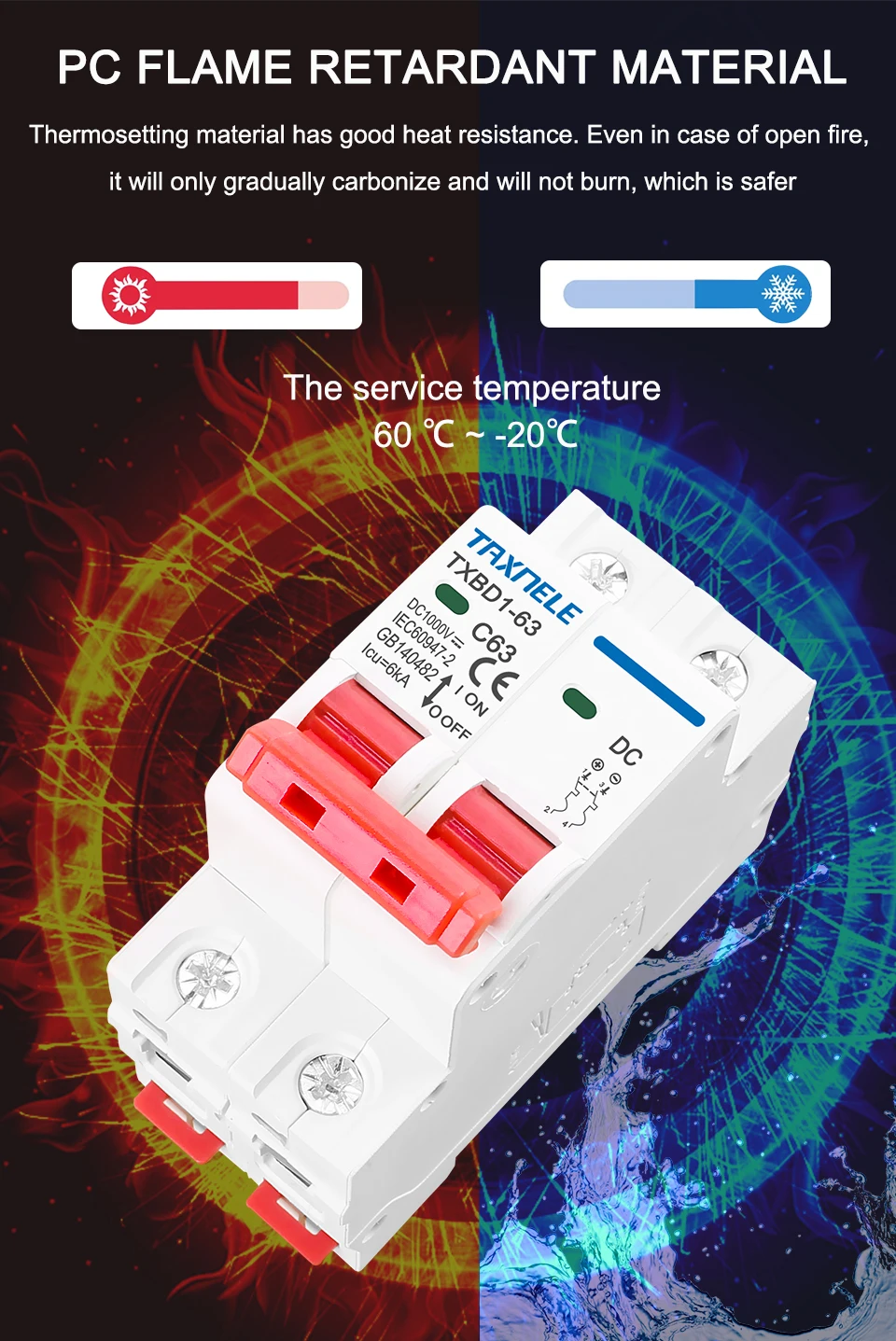 2P DC 1000V Solar Mini Circuit Breaker Batterie Schalter 6A 10A 16A 20A 25A 32A 40A 50A 63A DC MCB für Photovoltaik PV System – Detail 4
