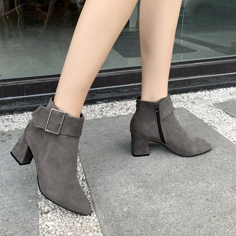 

2022 Fashion Women Boots Casual Leather Low High Heels Spring Shoes Woman Pointed Toe Rubber Ankle Boots Black Red Zapatos Mujer
