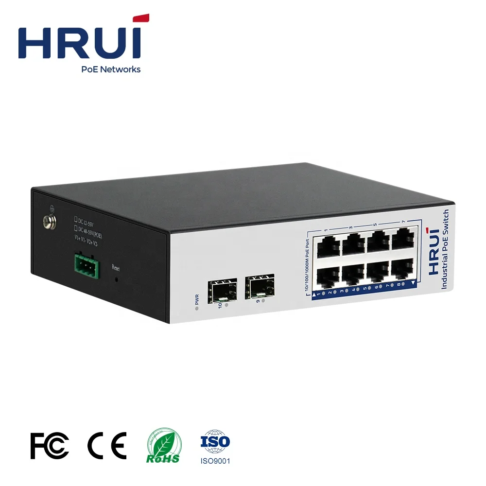 HRUI Highly Flexible 8 PoE Ports Gigabit Switch 20 Gbps 2 Uplink Ports Industrial Network Switch