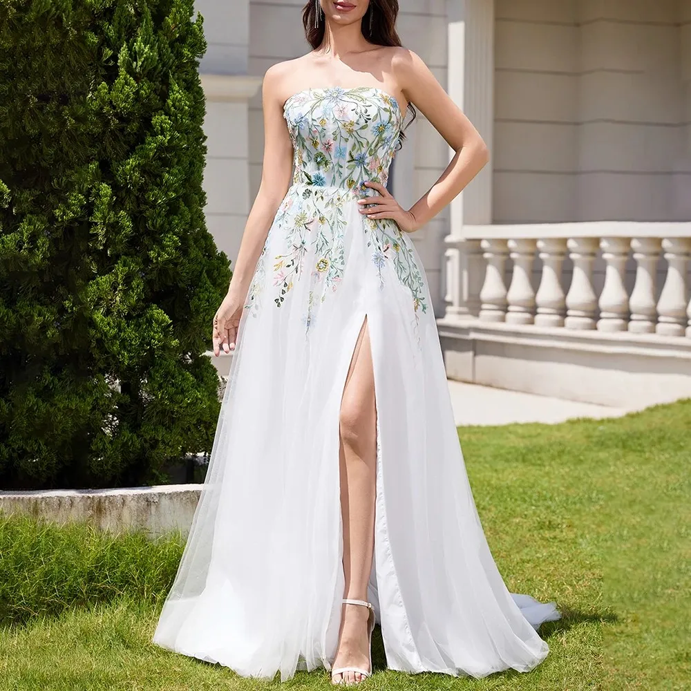 Vestido de novia elegante con cuello barco, apliques de tul y encaje, corte en A, con cordones en la espalda, largo hasta el suelo, con tren, hecho a medida