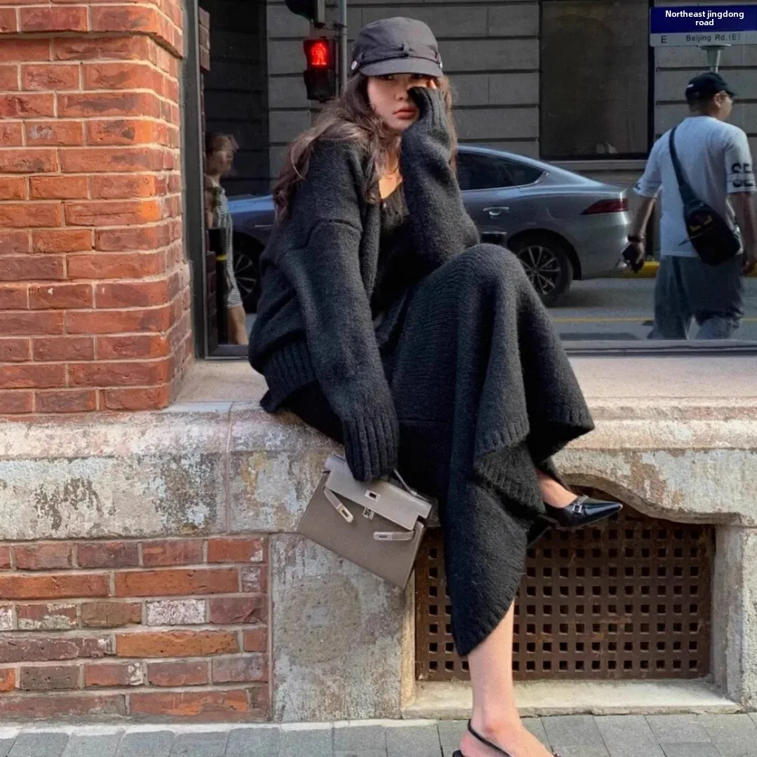 المرأة الخريف/الشتاء الخمول نمط فستان بذلة 2-قطعة مجموعة الخامس الرقبة البلوز محبوك الصوف تنورة علوية ملابس خارجية عصرية #3