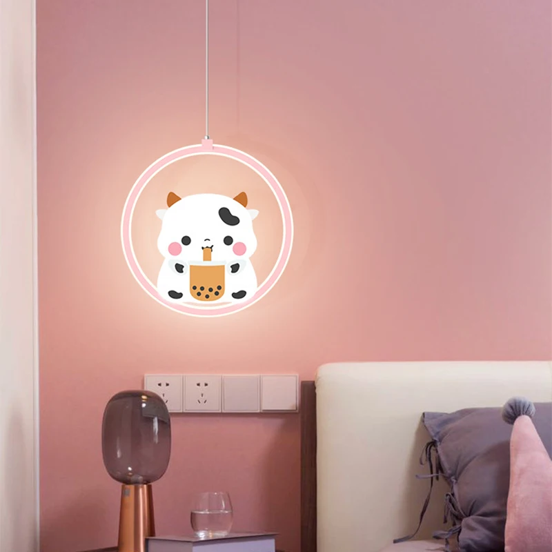 

Cute Pink Cow Bear Pendant Lamps for Children's Bedroom Boy Girl Room Decoration LED Cartoon Princess Room Suspension Lights