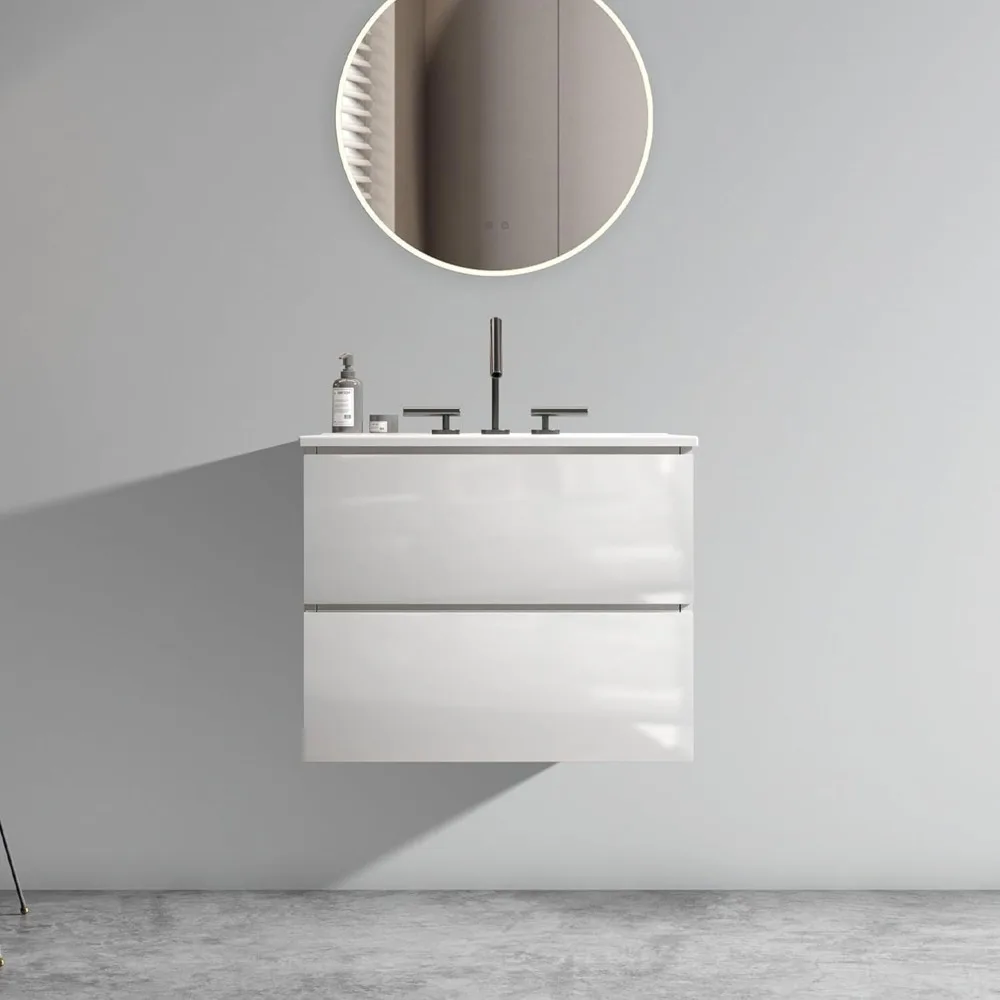 Mounted Floating Bathroom Vanity with Integrated Overflow Sink Basin - High-Gloss White Double Hole Faucet Cabinet 24
