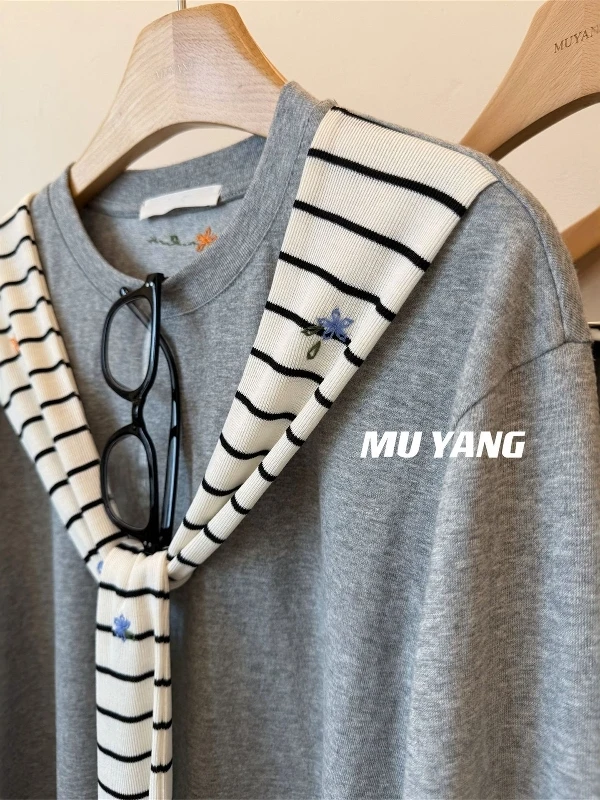 plus Size 300 Pou Embroidered Striped Casual Loose Long Sve T-irt Women's Spring Autumn Sle Comfortable Breathable