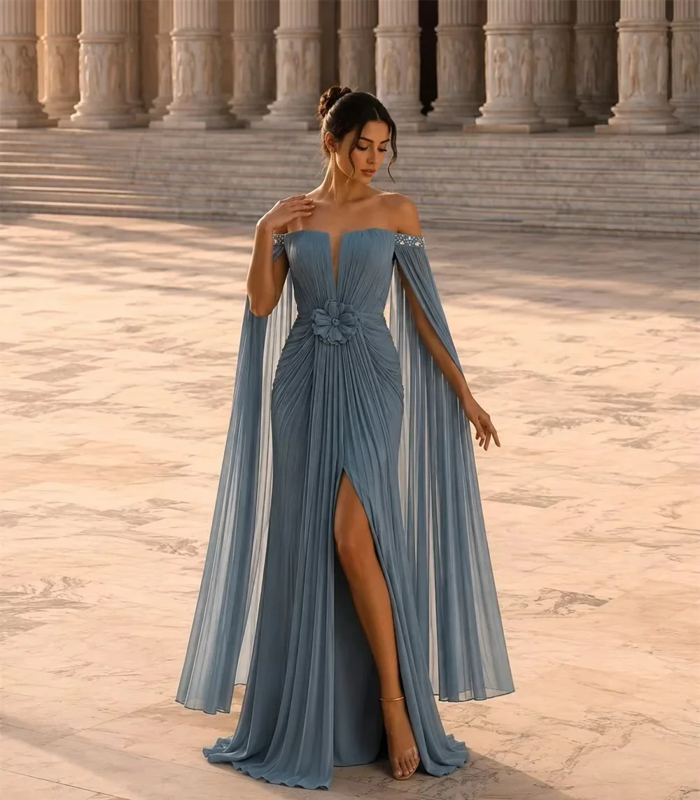 Gray Chiffon Slit Long Bespoke Occasion Gown Evening Dresses Pastrol Unisex Jersey Retro Dubai Saudi Arabic Prom Customized