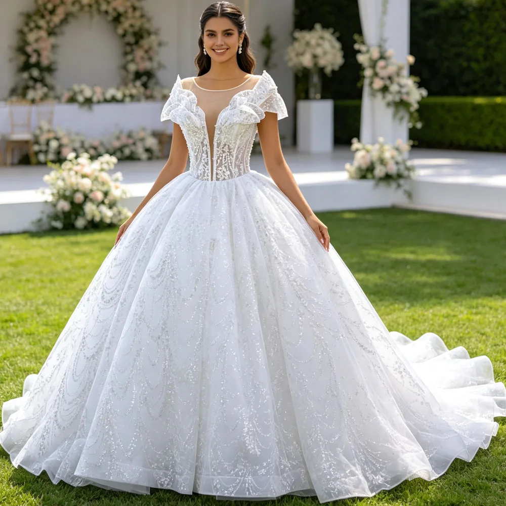 Luxury Wedding Dress O Neck Cap Sleeve Lace Up Back Beading Sequined Embroidery Customized Robe De Mariée