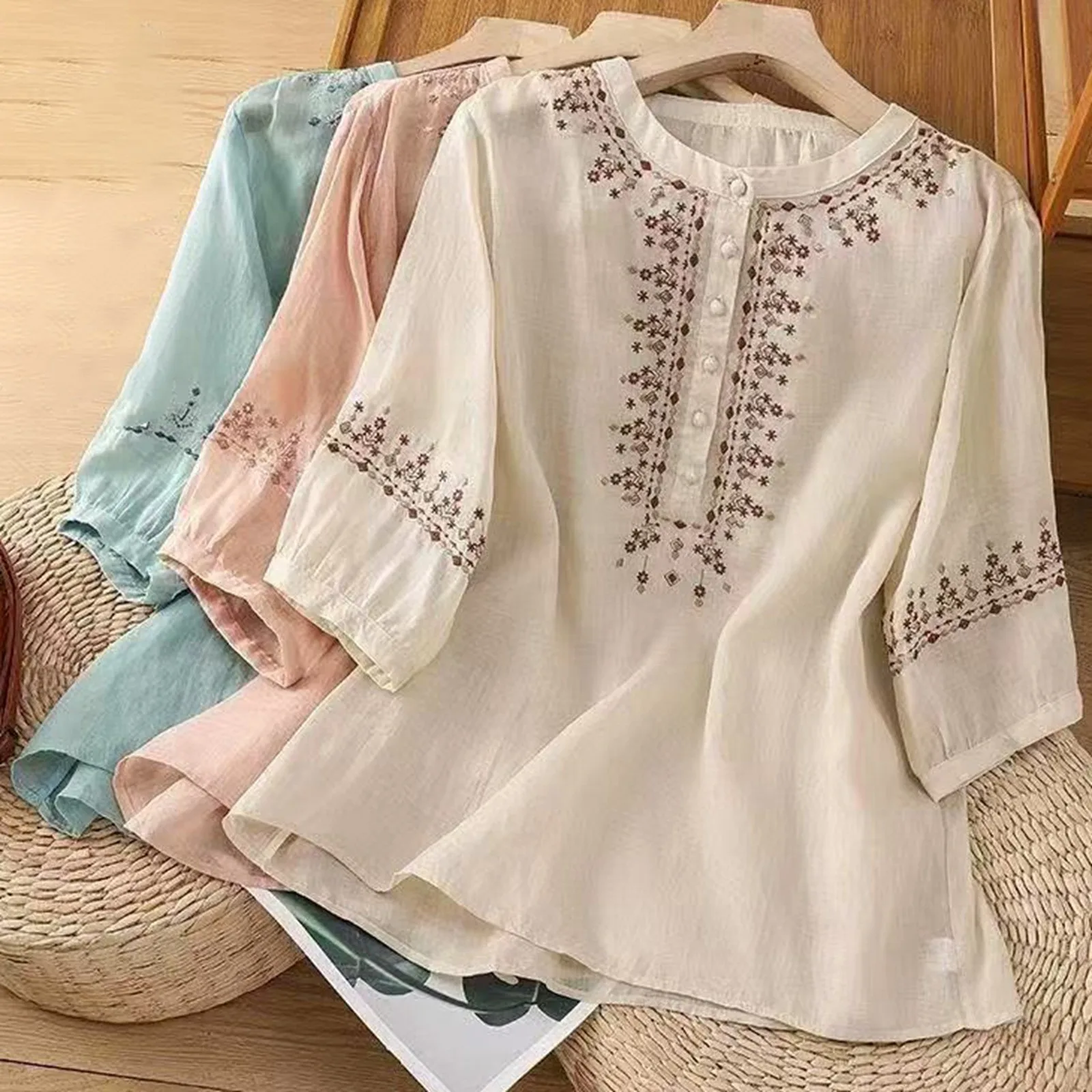 

Retro Embroidery Thin Blouse Women Elegant Three Quarter Sleeve Button Female Blouse Round Neck Summer Tops Clothing