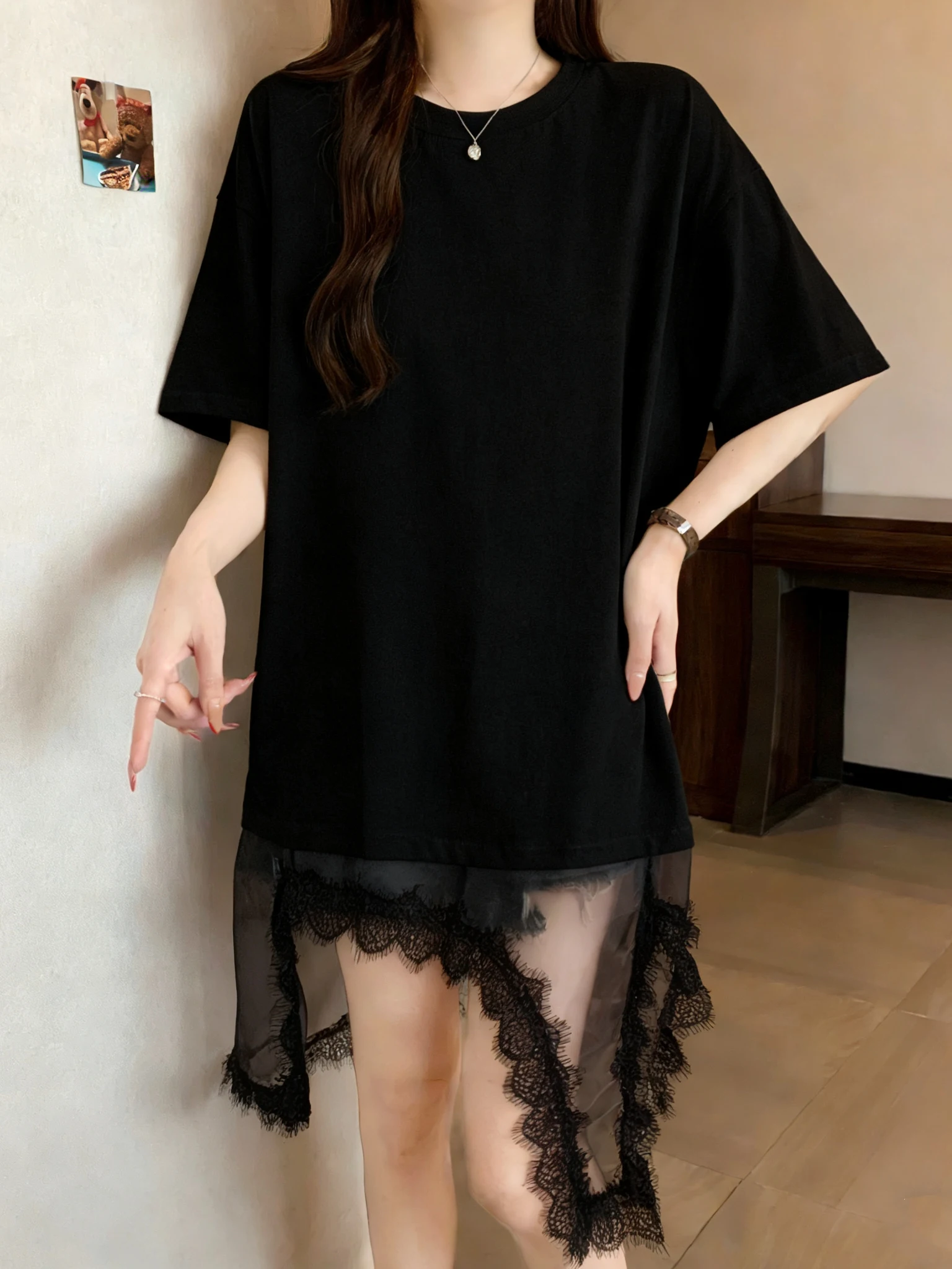 Lace Splice Short Sleeve T-Shirt Women Summer plus Size Mid-Length Cover Butt Base Shirt Korean Style Creative Pattern
