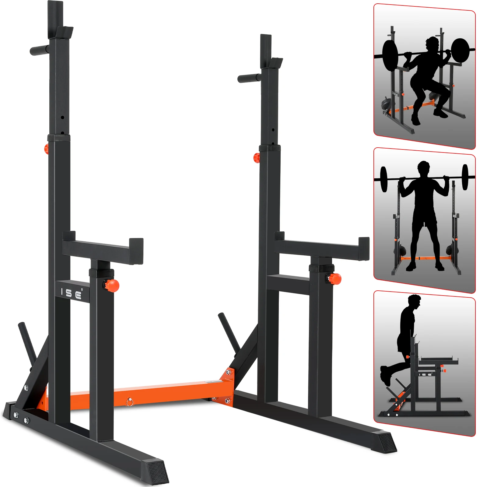 ISE Support Barre de Musculation Multifonction, Rack Squat avec Barres pour Haltères, Cage de Musculation en Acier, Rack Musculation Hauteur et Largeur Réglable, Cage Squat, Home Gym Noir et Rouge
