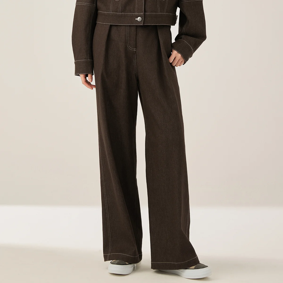 

KL7523358 Широкие джинсовые брюки с высокой талией для женщин, хлопковая смесь, контрастная строчка, удобный крой, осенняя мода