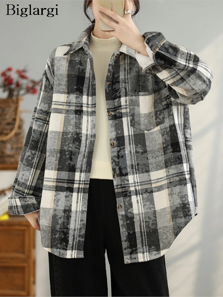 

Осень-зима, бархатная рубашка большого размера, женская куртка в клетку с принтом, пальто, повседневные свободные женские топы, корейское женское пальто