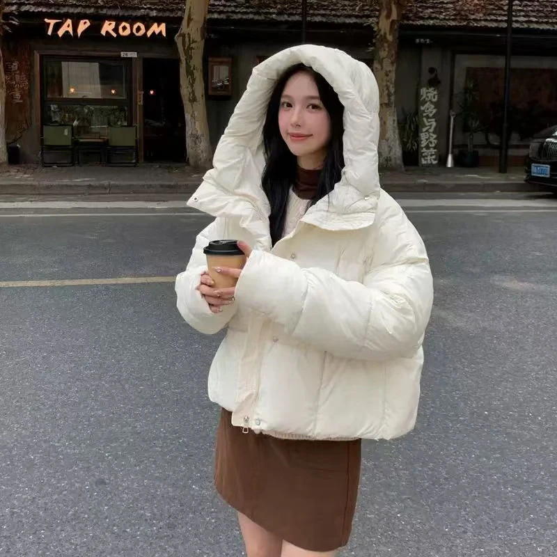 Winter Thick Hooded Crop Puffy Coats Women Black Fashion Mock Neck Zipper Shorts Coats Y2K Streetwear All Match Warm Jacket