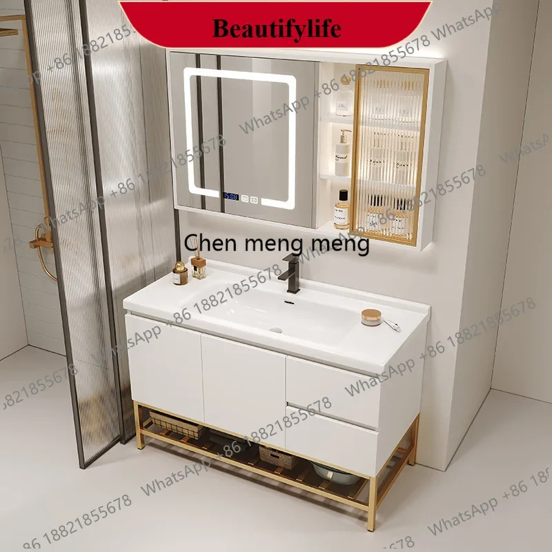 YL  Cream wind solid wood ceramic integrated bathroom bathroom cabinet bathroom