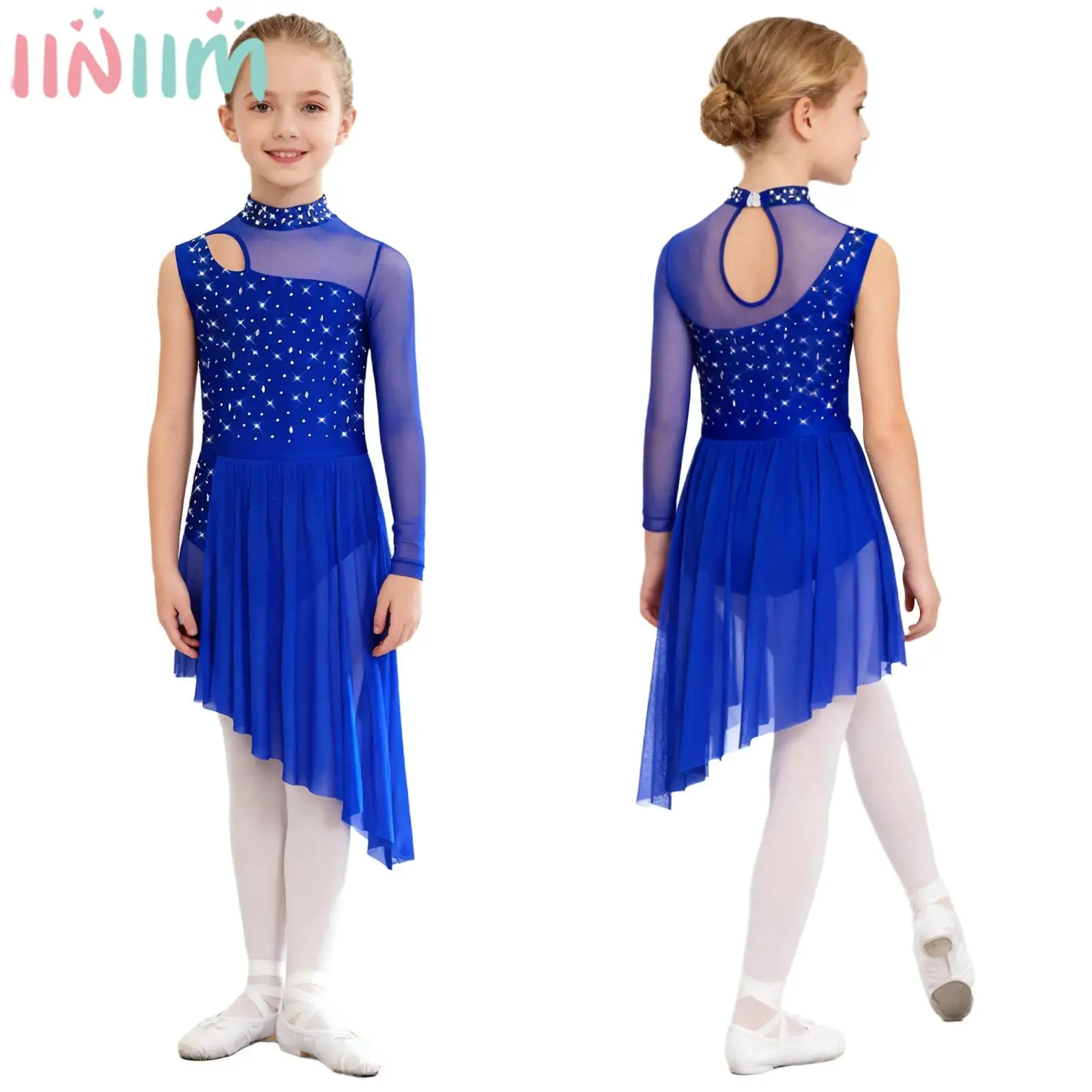Children Girls Lyrical Dance Figure Skating Gymnastics Acrobatics Costume Shiny Rhinestones Sheer Mesh Leotard Dress Dancewear