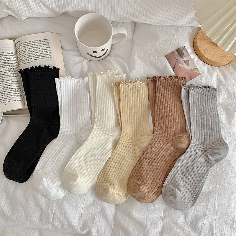 Summer Thin Breathable Ruffle Socks Women Korean Fashion Solid Color Loose Long Socks JK Japanese Style Lolita Kawaii Cute Socks