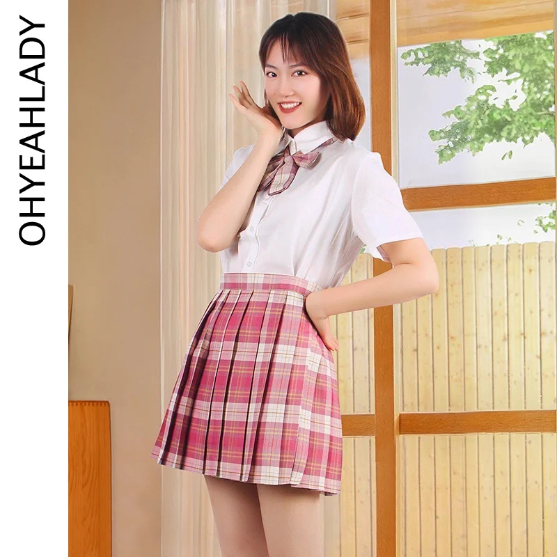 Ohyeahlady Pink Sweet JK Uniform Two Piece Set High-quality Student Pleated Skirt College Style New In Matching Sets Short Dress