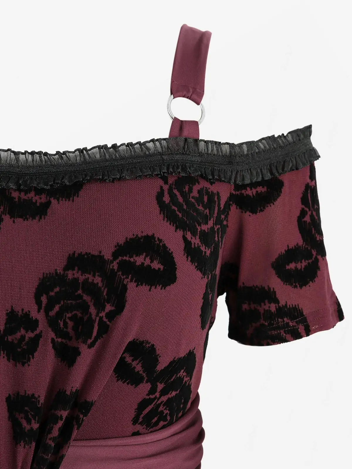 ROSEGAL Abiti taglie forti con spalle scoperte Fiore rosa stampato con volant in pizzo increspato Abito elegante da donna primavera estate