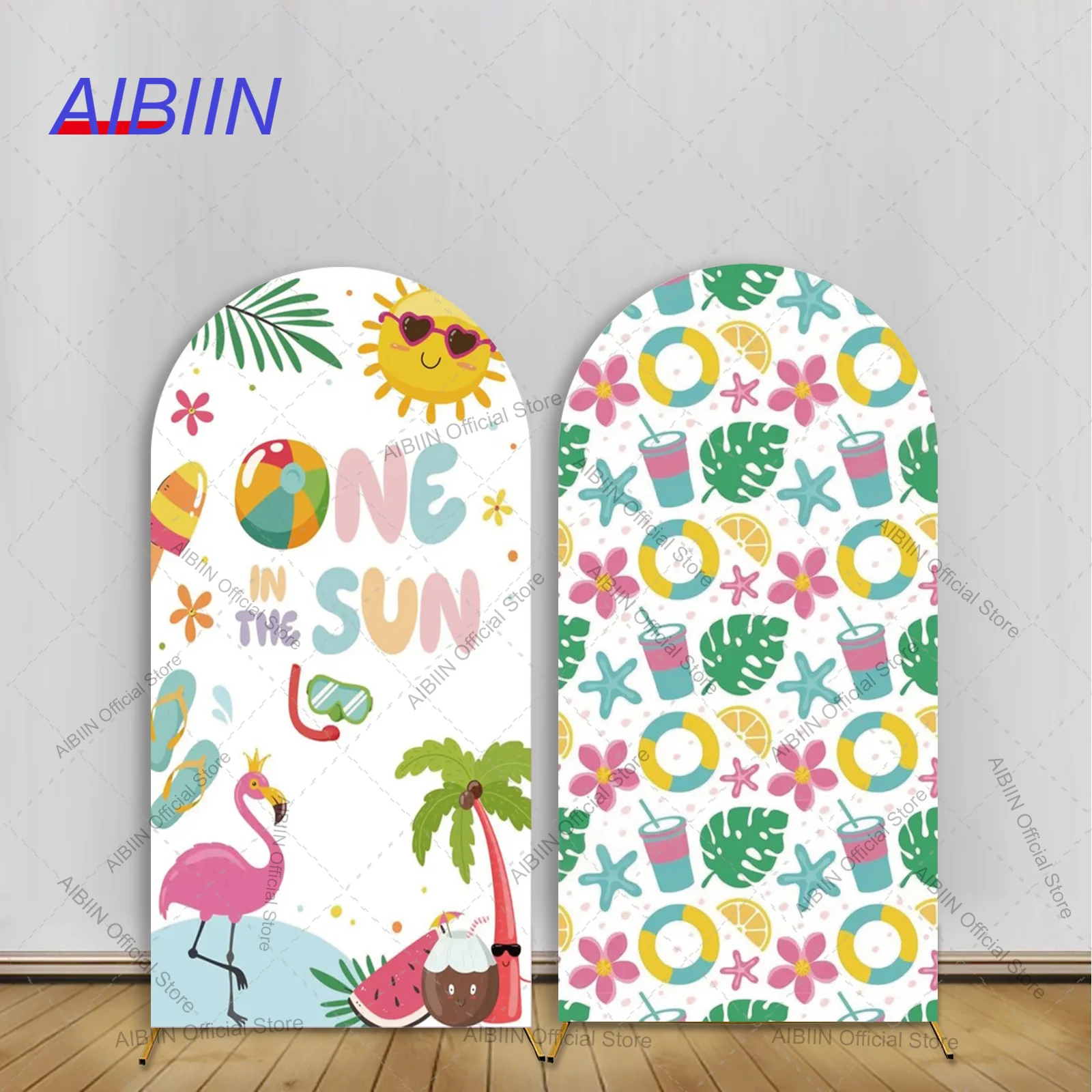 Fondo Decorativo para Primer Cumpleaños con Diseño Tropical de Flamencos, Palmeras, Frutas Coloridas y Flores, para Fiesta de Primer Pastel de Bebé