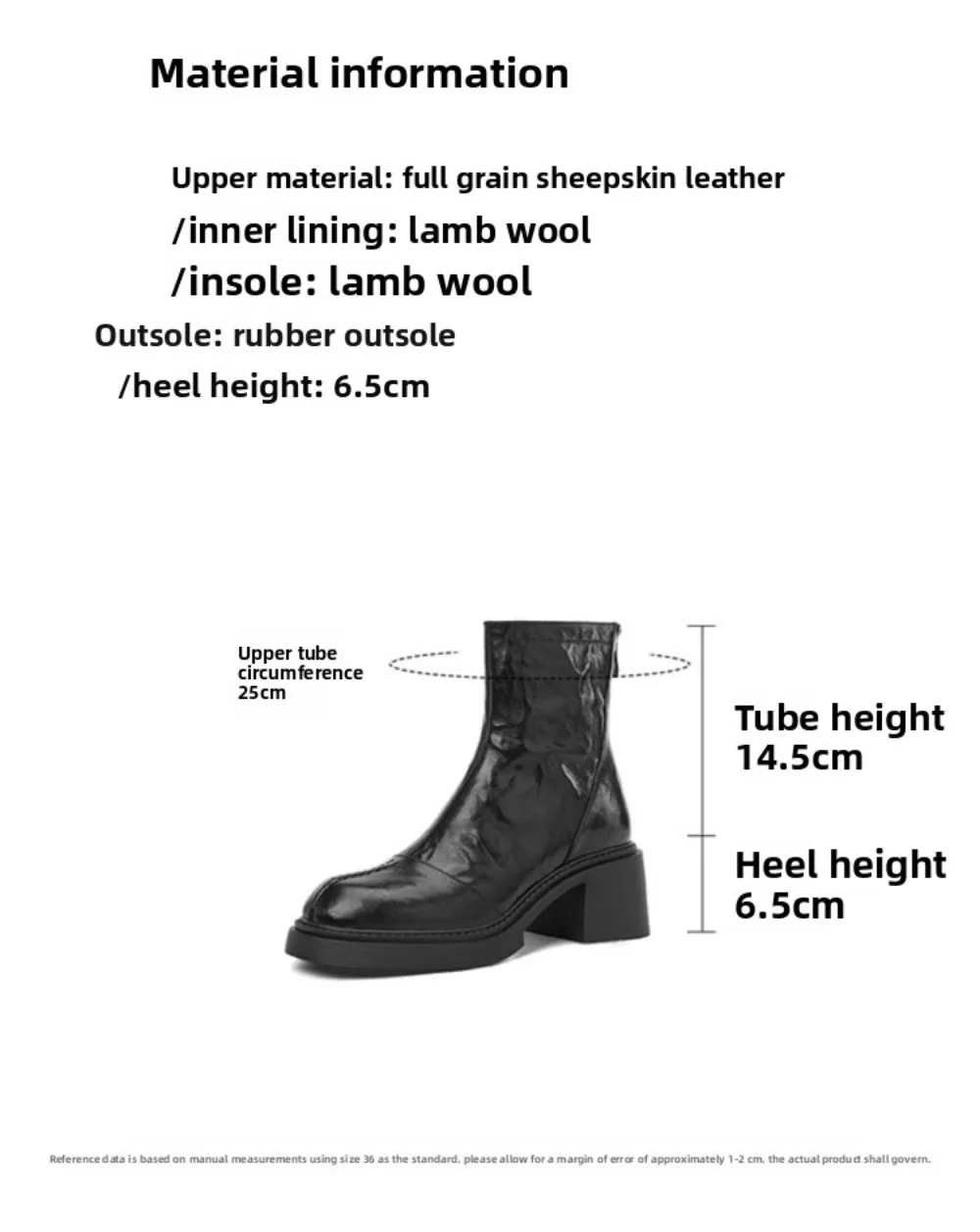 Size 34-40 Genuine Leather Snow Boots Women Zipper Square High Heels Nature Wool Warm Winter Boots Handmade Ankle Boots