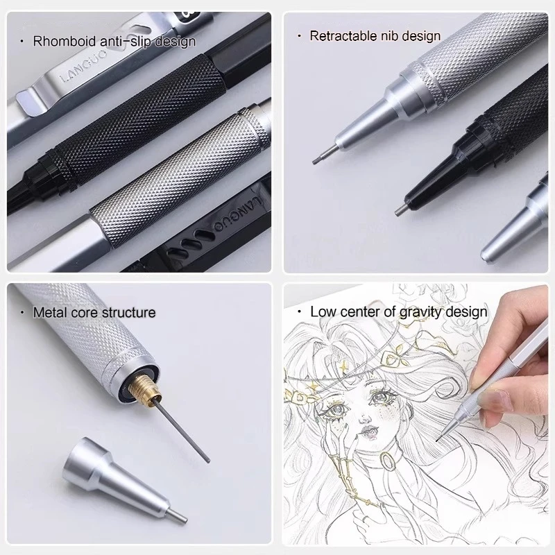 Languo ดินสออัตโนมัติยางลบโลหะสําหรับ Sketch Art Drawing ร่างวิศวกรรมดินสออัตโนมัติ 0.3/0.5/0.7 มม.