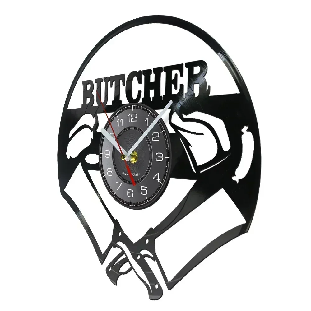 Chef Butcher Crossed Knives Vinyl Record Wall Clock Kitchen Dinning Room Decor Butcher Shop Grilling BBQ Party Decorative Watch