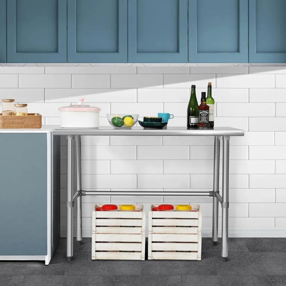 Open Base Stainless Steel Table  Commercial Heavy Duty Prep & Work Table with Galvanized Legs for Restaurant, Home and Hotel